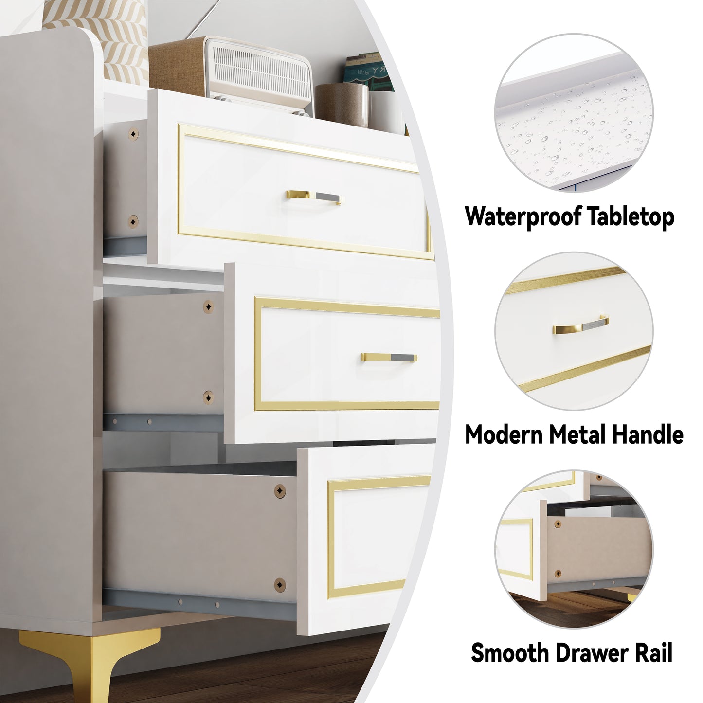 6 Drawer White Dresser for Bedroom Large Wooden Dressers & Chests of Drawers White and Gold Modern Storage Cabinet