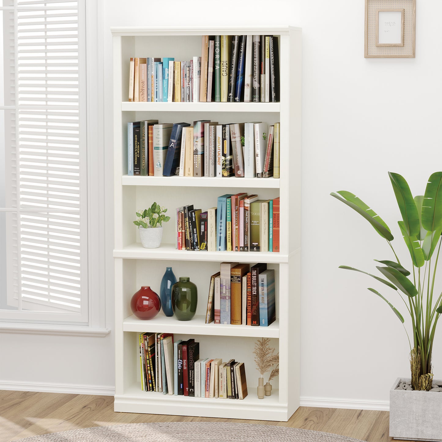 5 Tiers 70" Tall Bookcase, White Bookshelf Open Storage 5 Tier Shelves , Floor Standing Bookshelves and Bookcases, Library Bookcase for Farmhouse Library Office Bedroom Kids