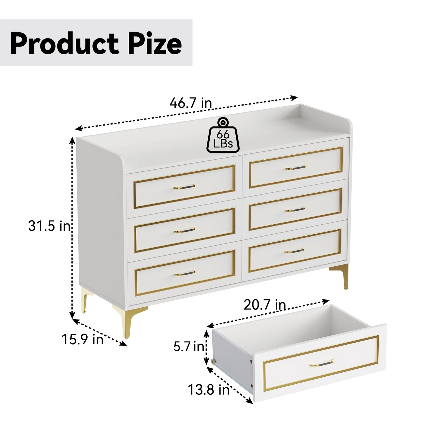 6 Drawer White Dresser for Bedroom Large Wooden Dressers & Chests of Drawers White and Gold Modern Storage Cabinet