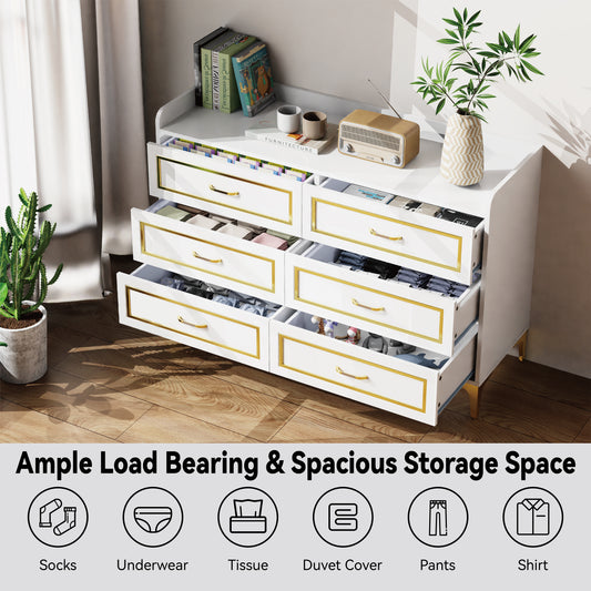 6 Drawer White Dresser for Bedroom Large Wooden Dressers & Chests of Drawers White and Gold Modern Storage Cabinet