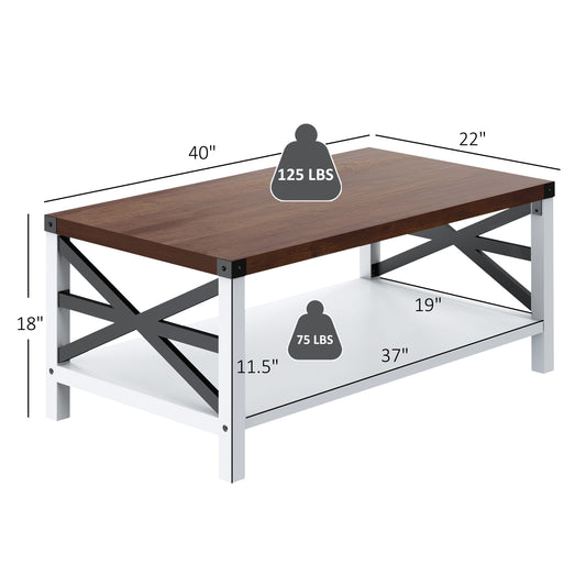 Rustic Coffee Table with Storage Shelf, Rectangle Vintage Wood Style with Stable Metal Frame, Farmhouse Industrial Accent Cocktail Center Table for Living Room