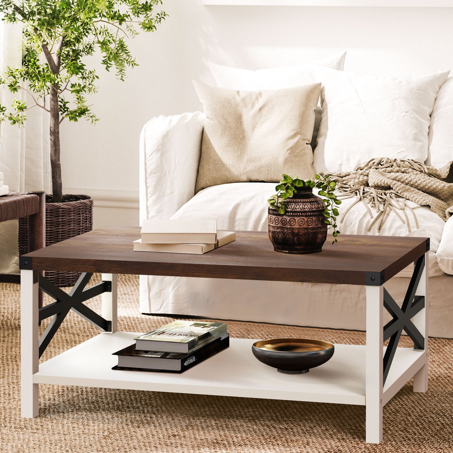 Rustic Coffee Table with Storage Shelf, Rectangle Vintage Wood Style with Stable Metal Frame, Farmhouse Industrial Accent Cocktail Center Table for Living Room