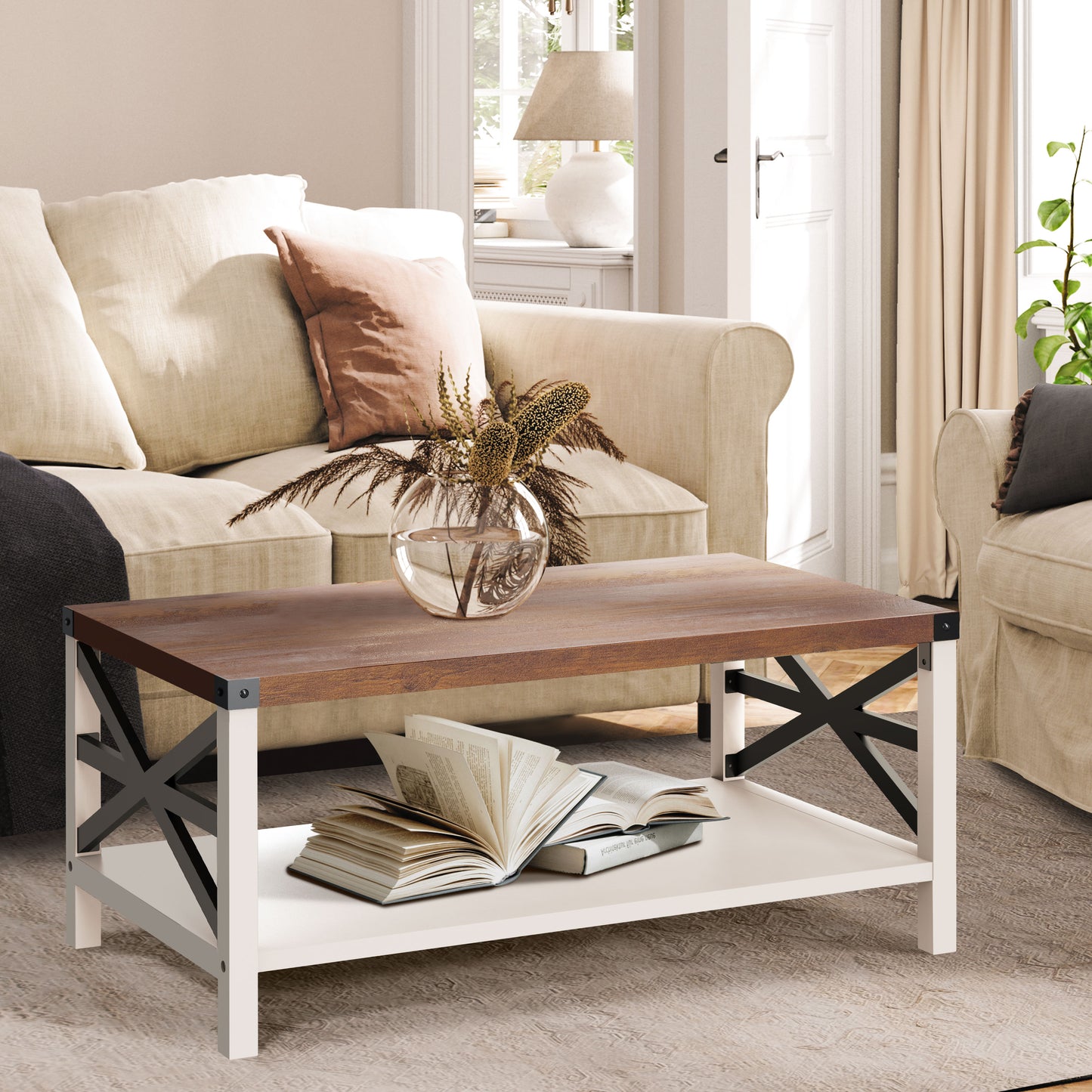 Rustic Coffee Table with Storage Shelf, Rectangle Vintage Wood Style with Stable Metal Frame, Farmhouse Industrial Accent Cocktail Center Table for Living Room